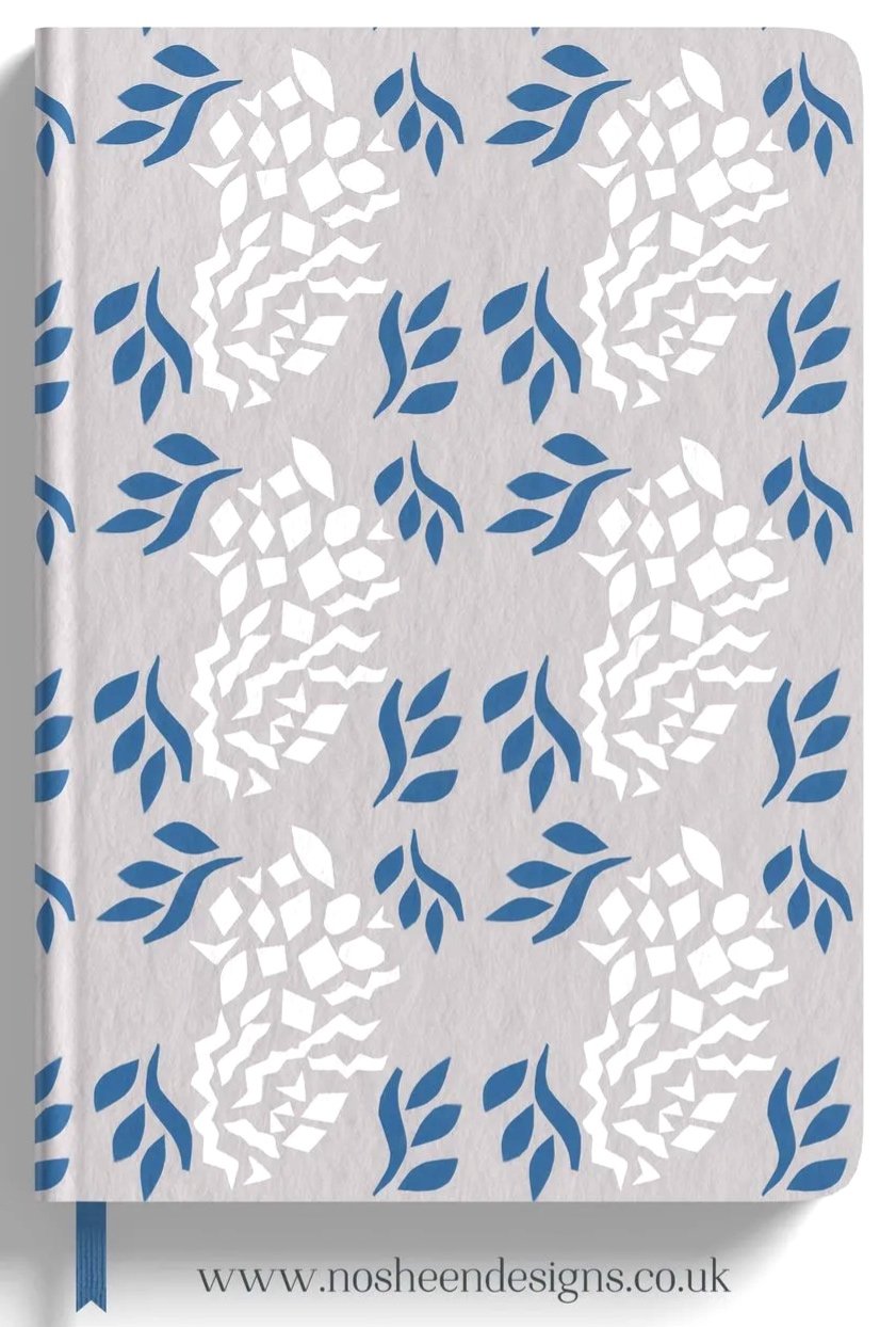 Pattern of white and blue leaves and geometric shapes on a textured white background, with a website URL www.nosheendesigns.co.uk at the bottom.