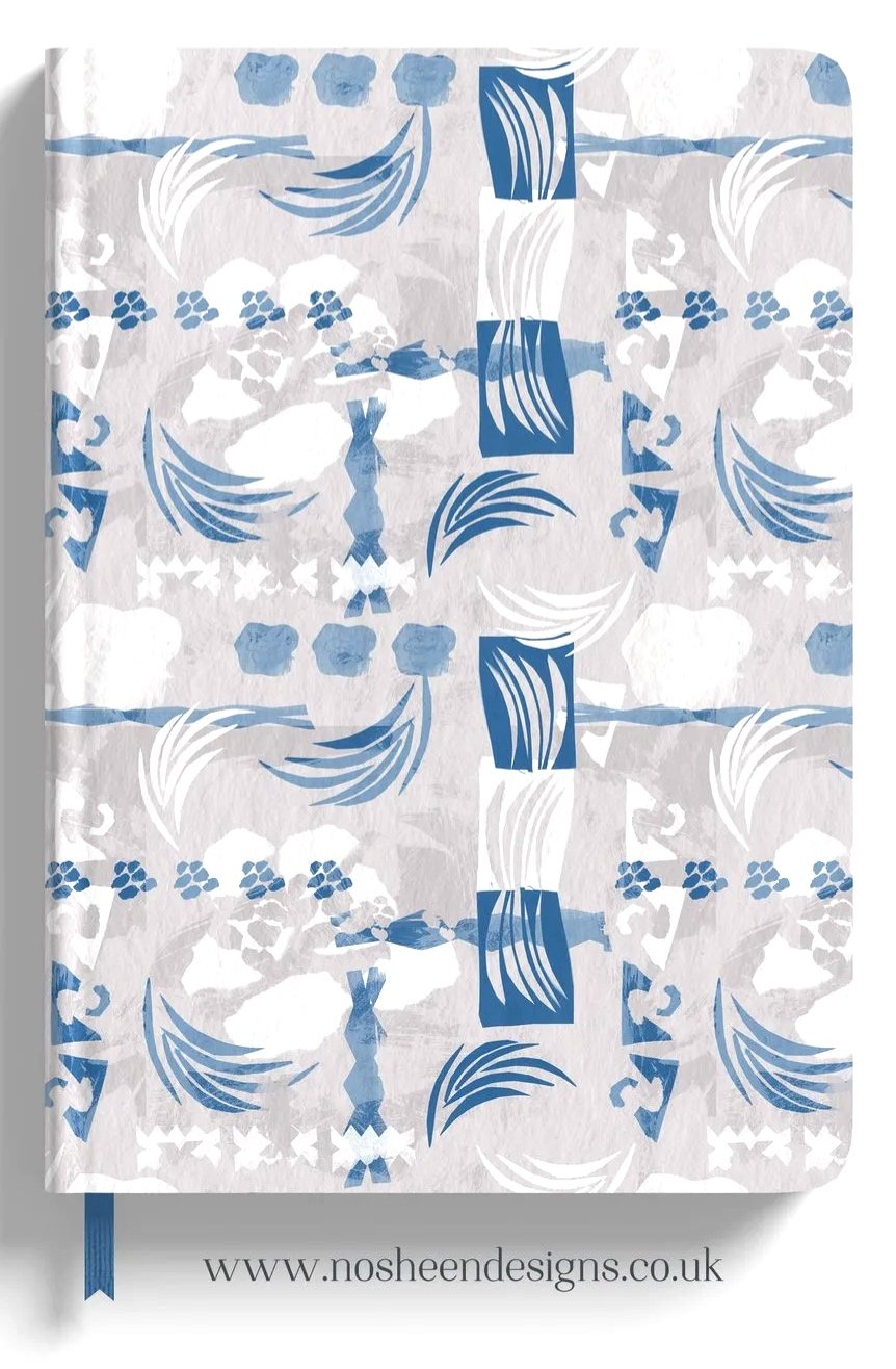 A patterned fabric with blue and white abstract and floral designs, and the website www.nosheendesigns.co.uk printed at the bottom.
