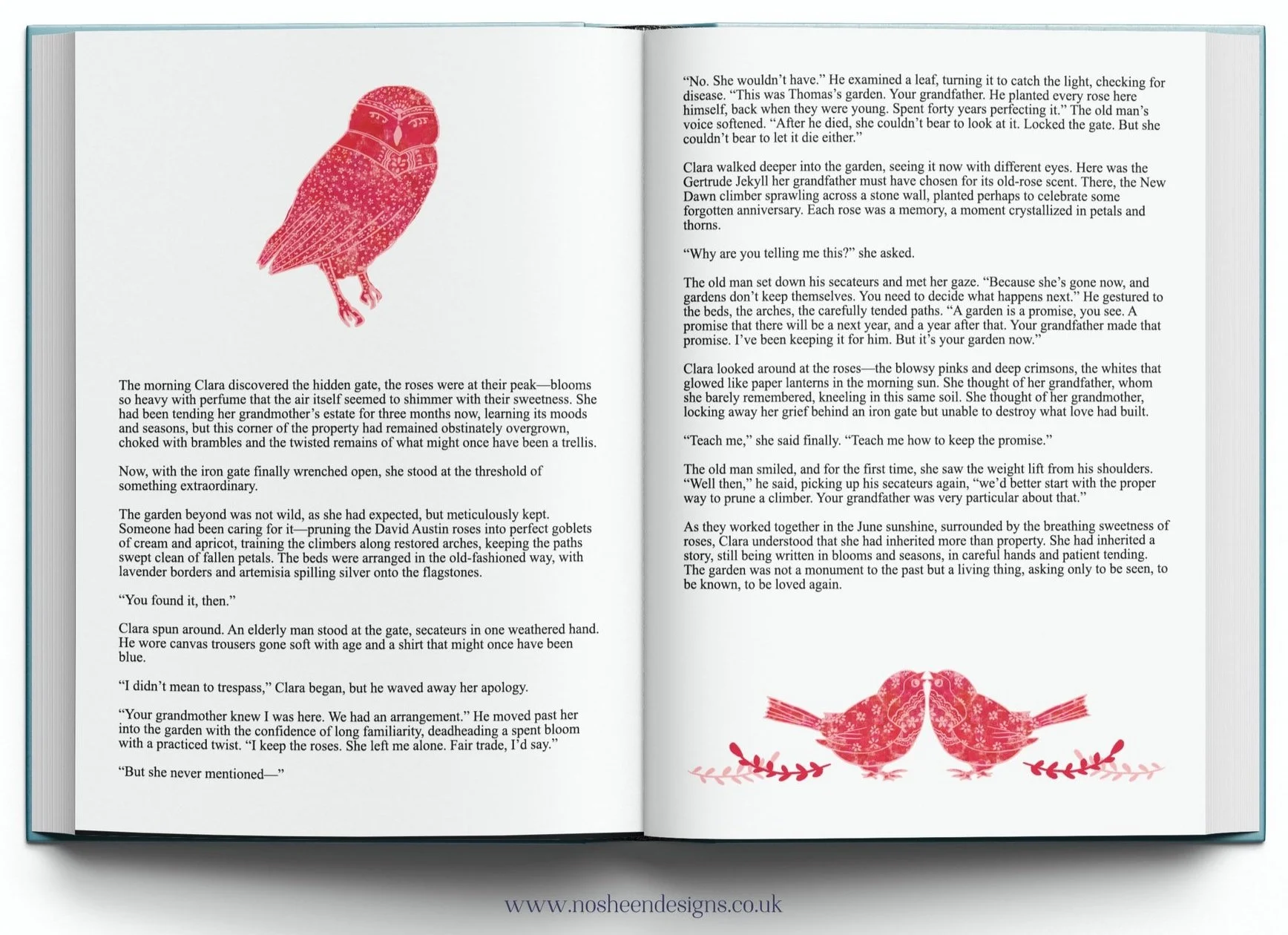 Open book with text on both pages and red illustrations of a curled-up owl on the left page and two facing birds with decorative floral elements on the right page.