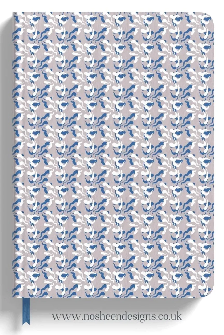 Pattern of dancing ballet figures in white, blue, and gray on a light background.