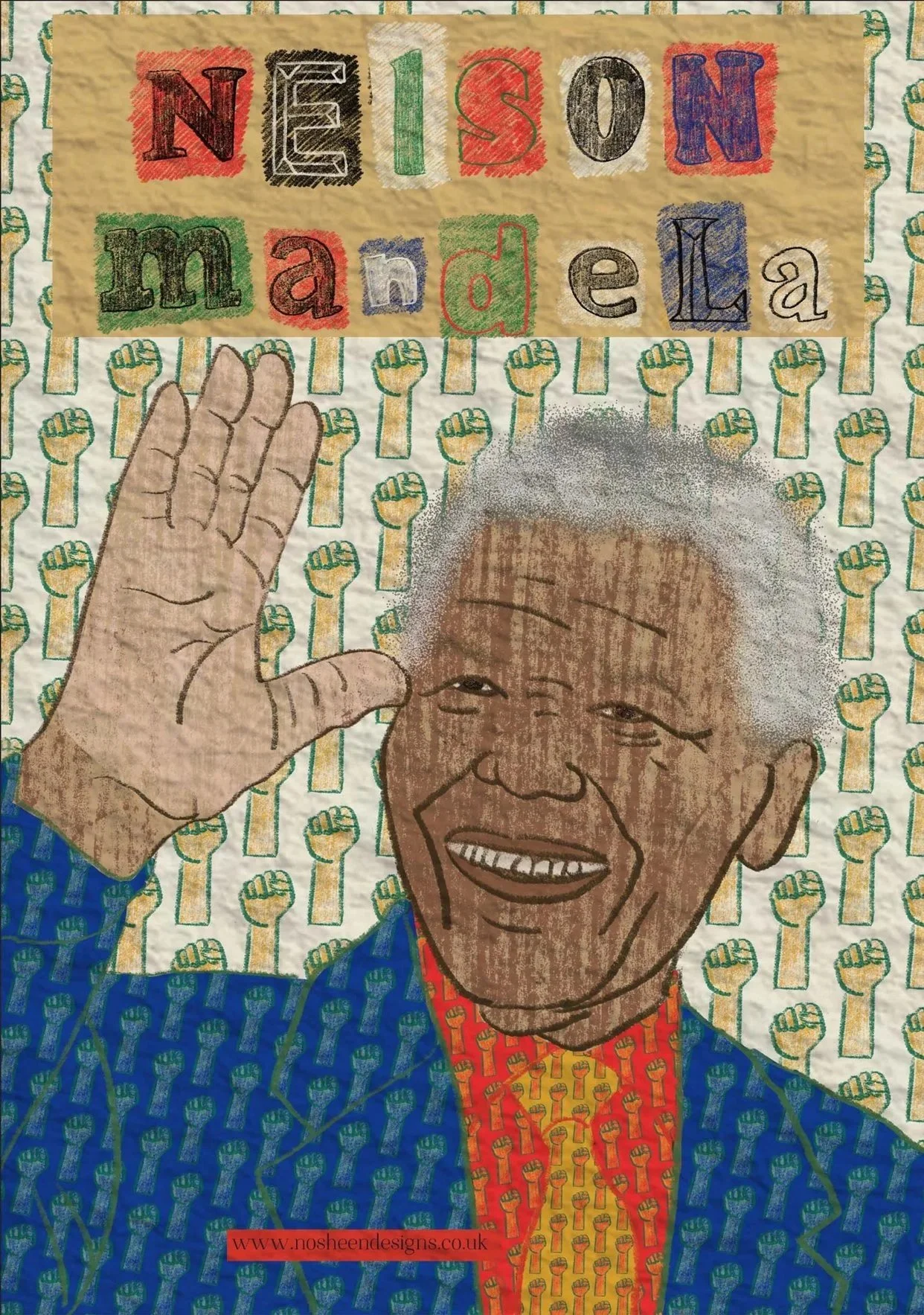 Colorful illustration of Nelson Mandela smiling and waving, with a background of raised fists. Text at the top reads 'NELSON Mandela' in colorful, patterned letters. A red website URL is at the bottom.