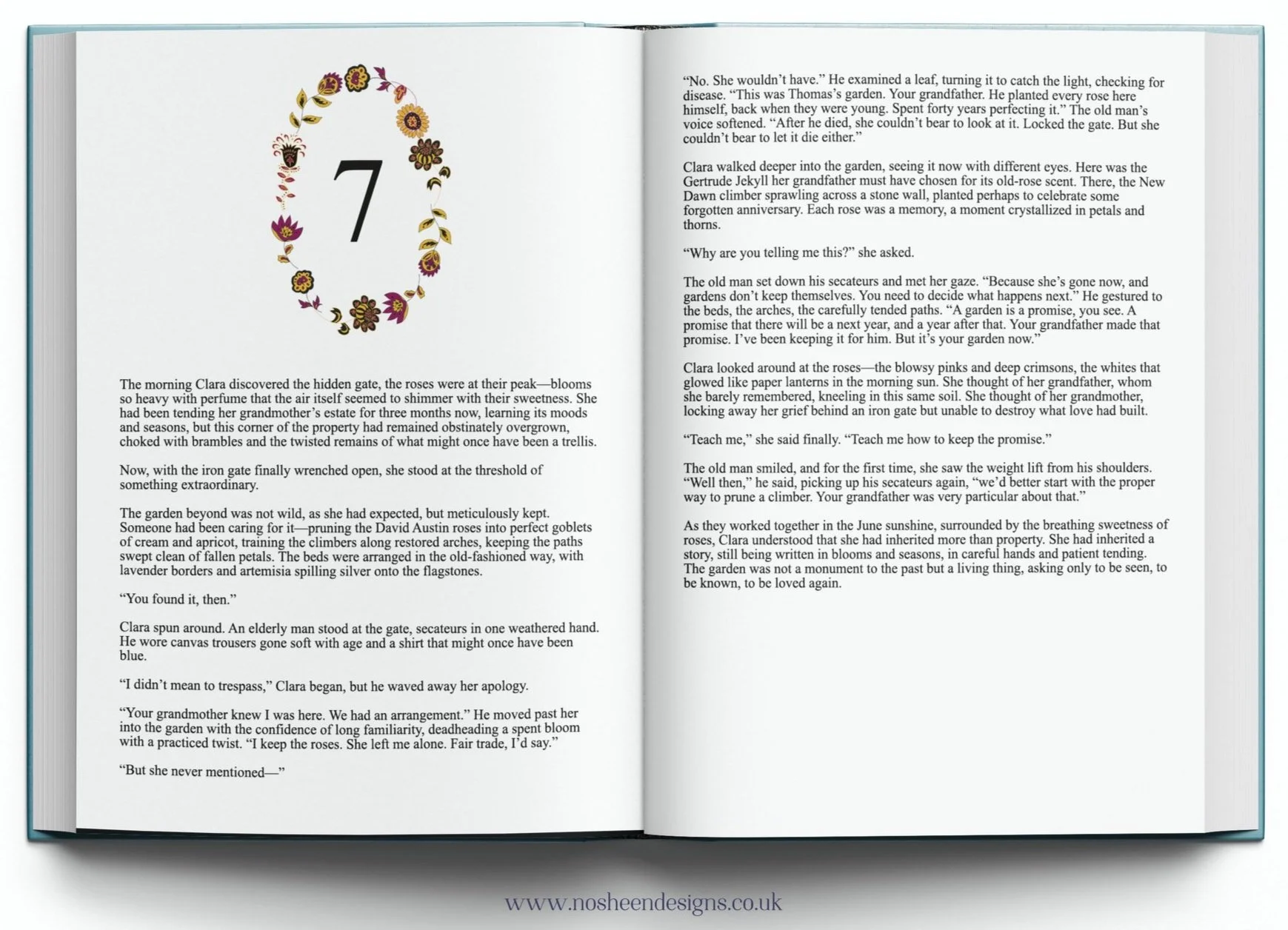 Open book displaying illustrated number 7 inside a floral wreath on the left page, with text on both pages.