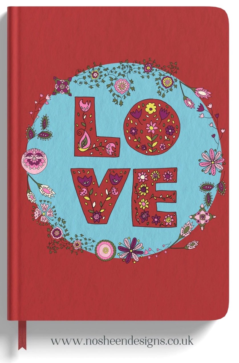 A book cover with the word "LOVE" in large, decorated letters, surrounded by floral patterns on a light blue background with a red border.