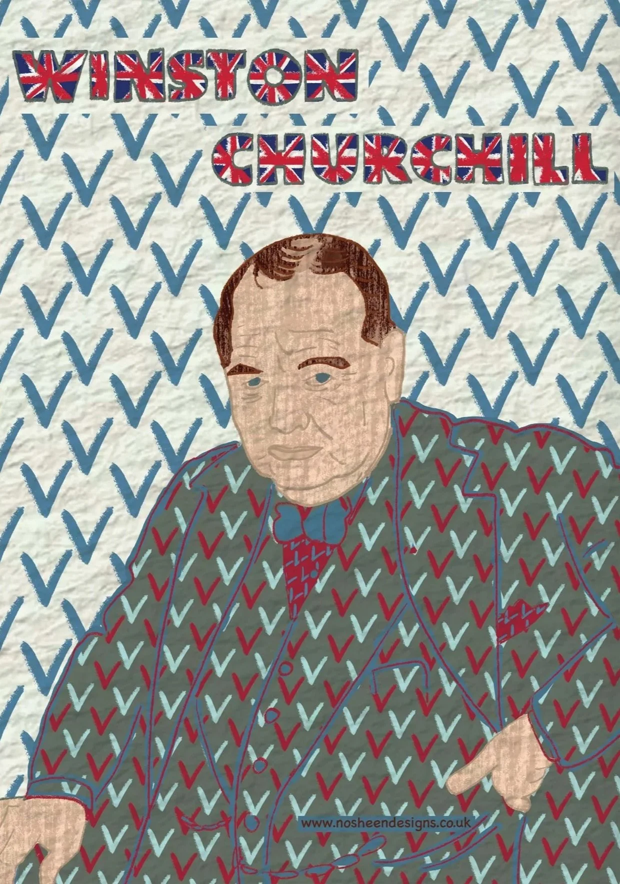 Illustration of Winston Churchill wearing a patterned suit with a background of blue V shapes and the words 'Winston Churchill' in Union Jack design.