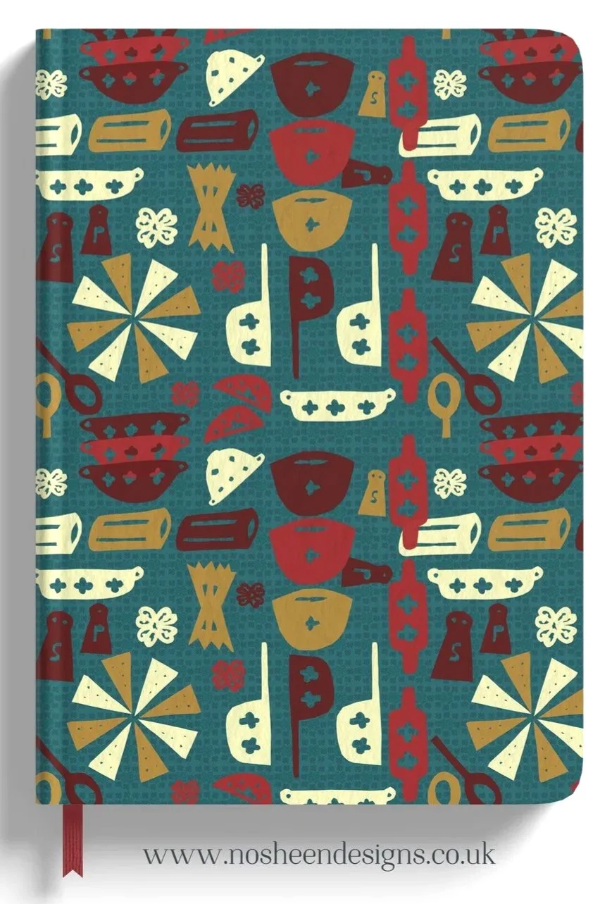 Pattern of kitchen and cooking items including bowls, plates, scissors, bottles, and pasta in red, yellow, white, and dark red on a teal background, with the website www.nosheendesigns.co.uk and a red bookmark ribbon at the bottom.
