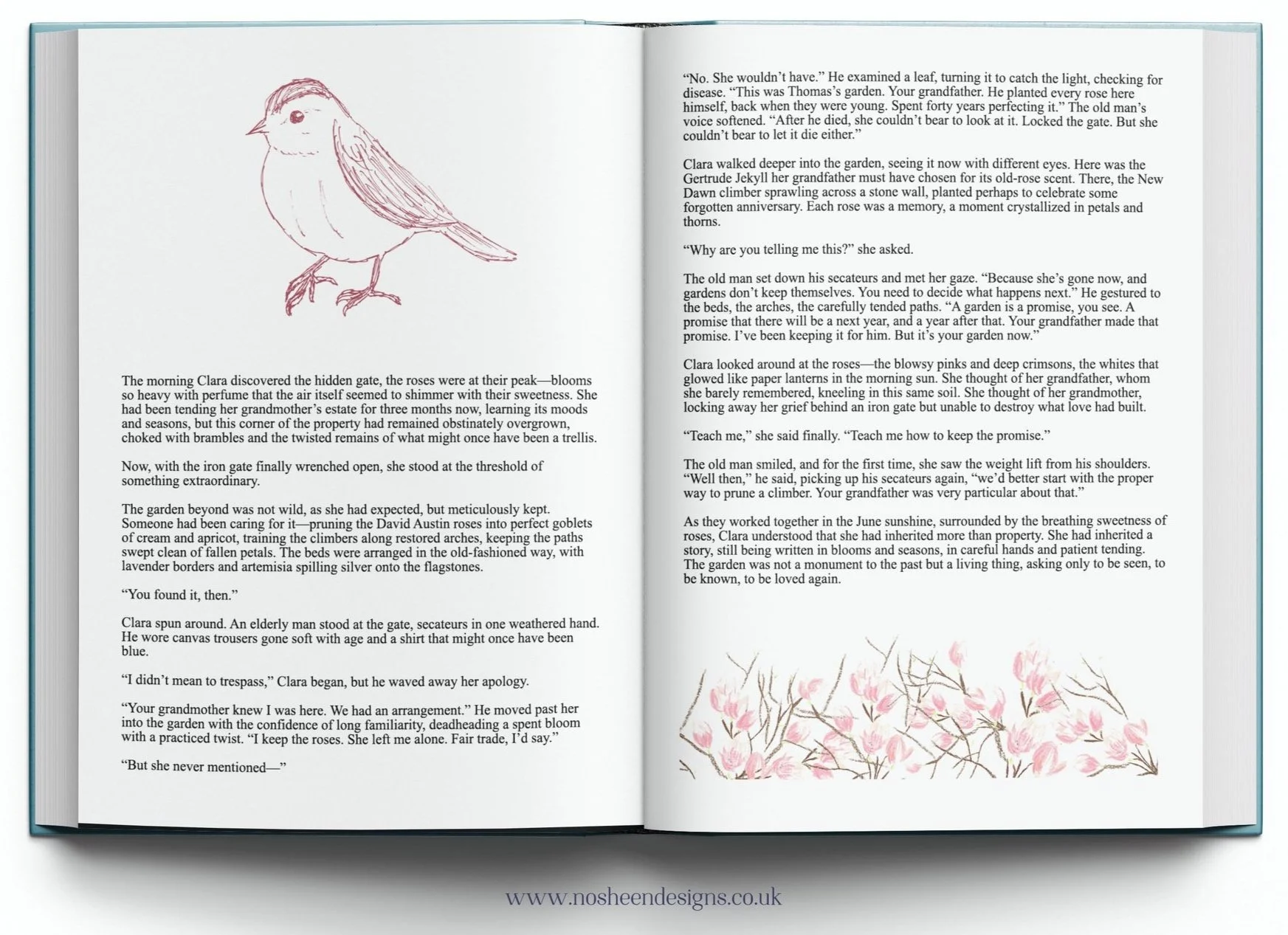 Open book with text on both pages and a simple line drawing of a bird on the left page; pink floral illustration on the bottom of the right page.