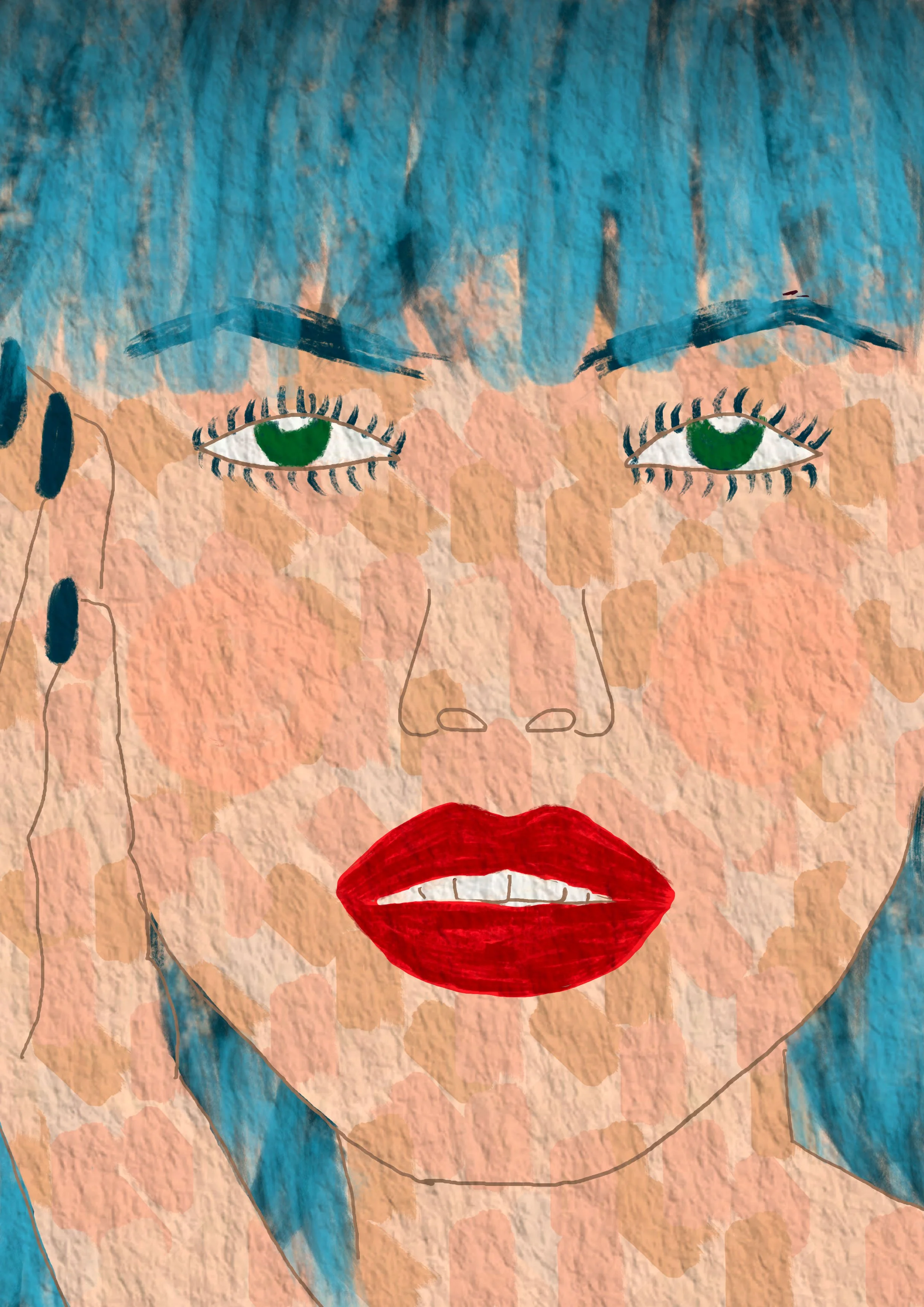 A textured illustration of a woman's face with blue hair, green eyes, red lips, and large eyelashes.