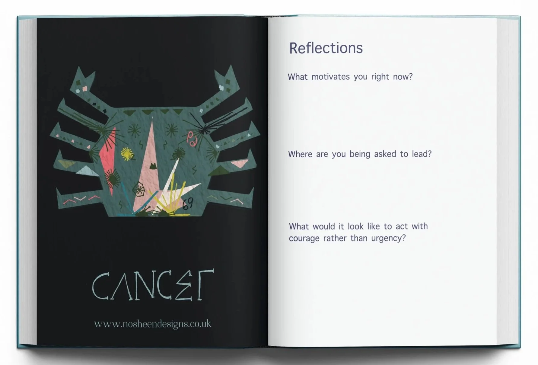 Open booklet showing a stylized illustration of a wolf's face on the left page with the word "CANCER" underneath and a website link. The right page has the title "Reflections" followed by three questions about motivation, guidance, and action.
