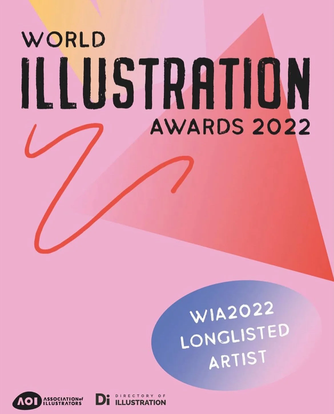 Pink background with abstract shapes. Text indicating World Illustration Awards 2022, WIA2022 Longlisted Artist. Logos of the Association of Illustrators and Directory of Illustration.