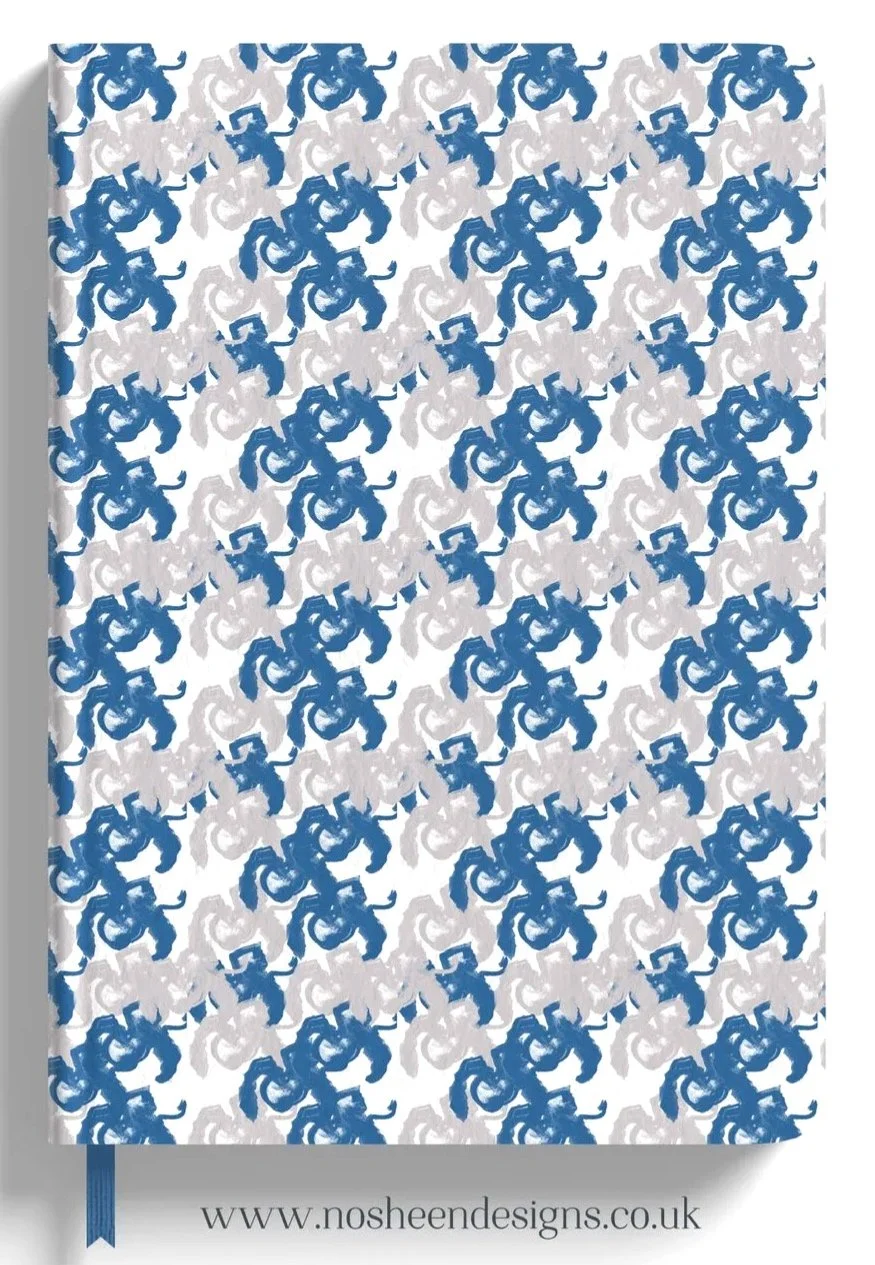 Pattern of blue and gray elephants on a white background.