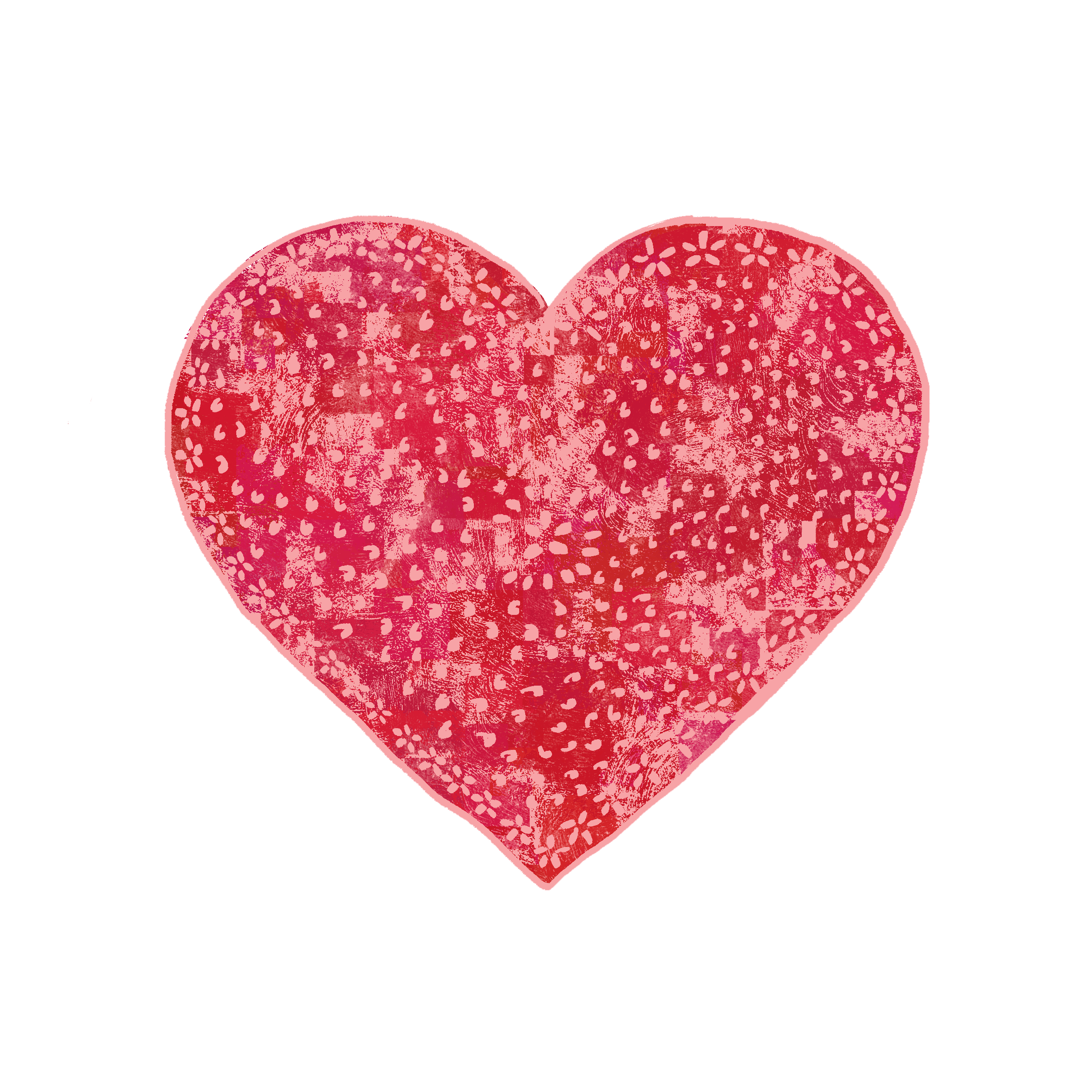 Pink heart with white floral and dotted patterns on a black background.