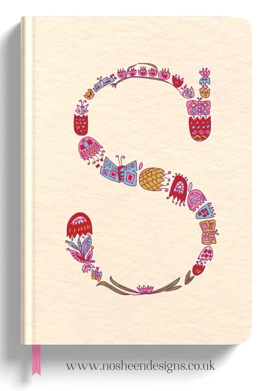 Illustration of the letter 'S' decorated with colorful flowers, butterflies, and abstract shapes on a light background.