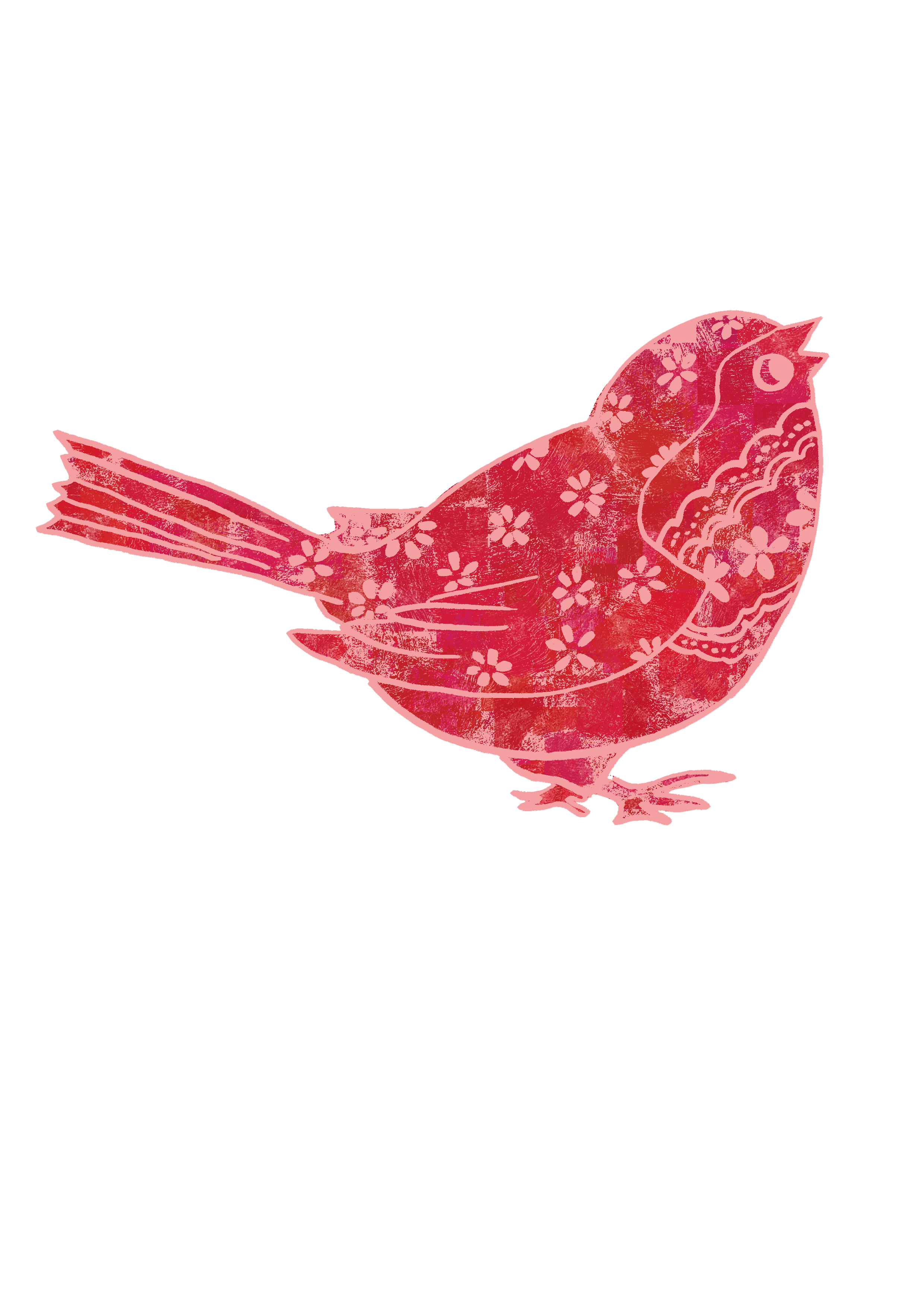 Stylized pink and red bird with floral patterns on a black background, hand drawn by nosheendesigns