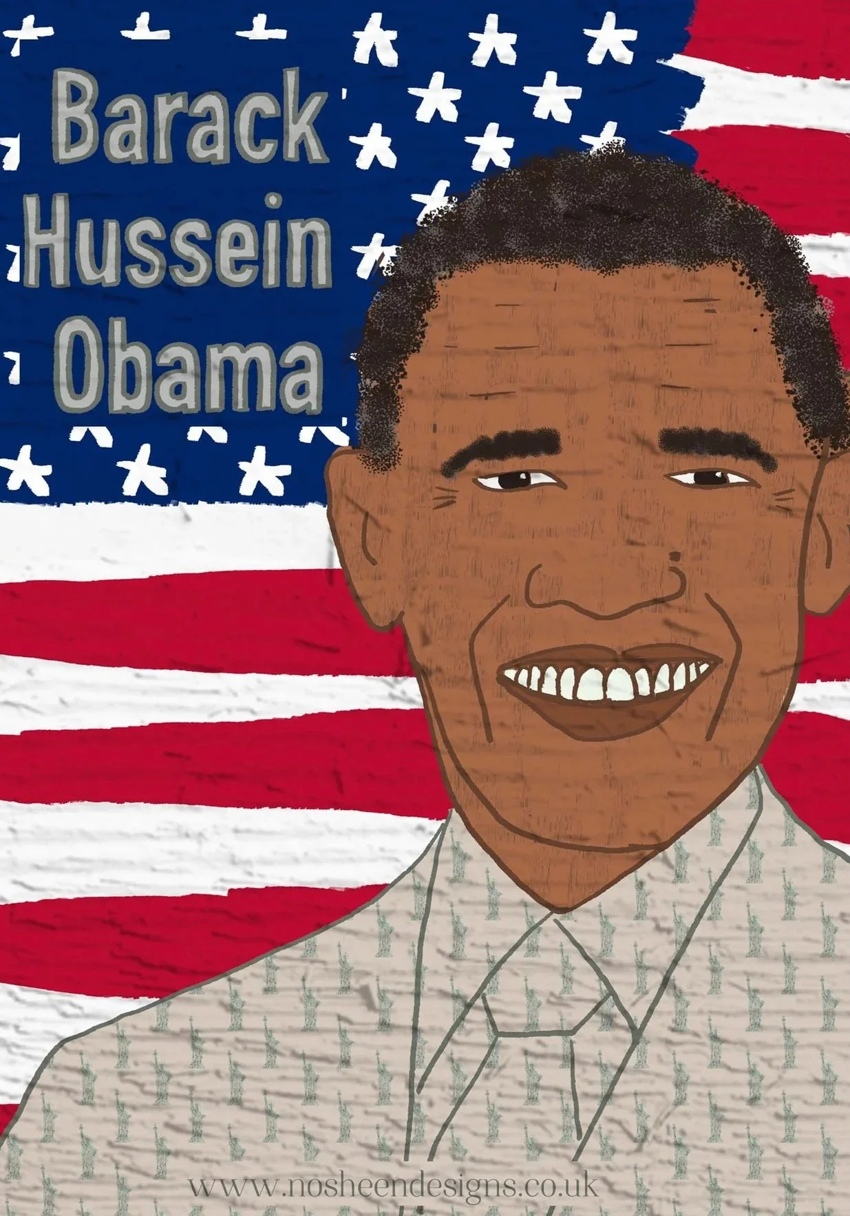 Illustration of Barack Obama with an American flag background, featuring his name in blue letters and a website URL at the bottom.