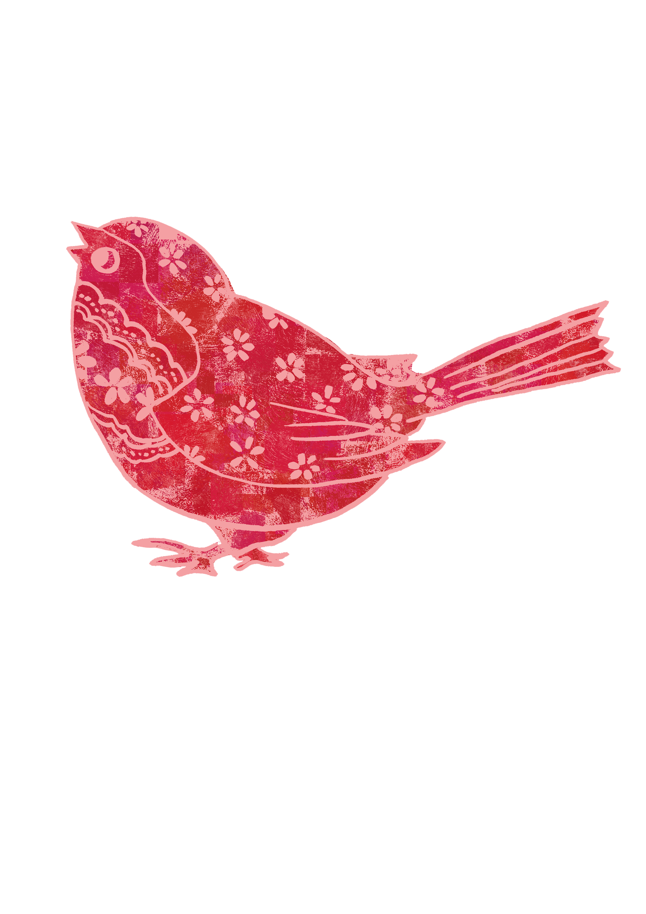 Stylized pink and red bird with floral patterns on a black background, hand drawn by nosheendesigns
