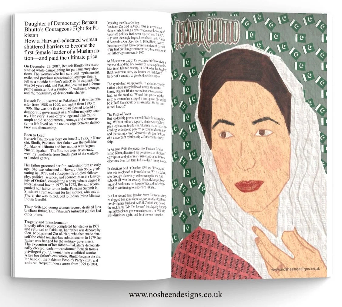 Colorful hand-drawn portrait of Benazir Bhutto with Pakistani flag pattern background, illustration as magazine editorial illustration