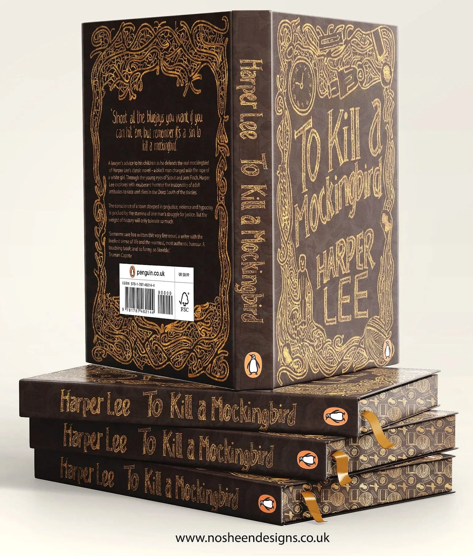 A stack of four hardcover copies of 'To Kill a Mockingbird' by Harper Lee, with the top book standing upright to display the cover, and a boxed set of the same books behind them. The covers are black with gold embossed text and decorative borders, and the Penguin logo is visible on the spines.