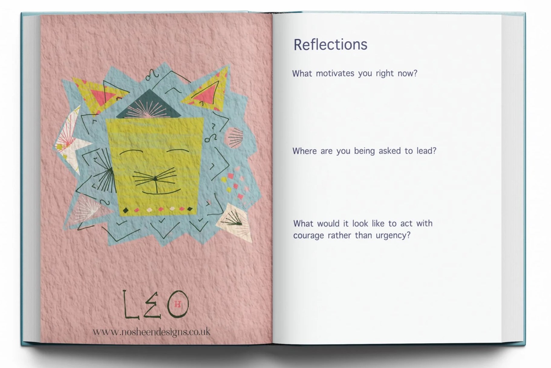 A colorful illustration of a Leo lion with a smiling face, surrounded by abstract shapes, triangles, and lines on a pink textured background, with the text 'Reflections' and three questions about motivation, leadership, and courage on the right page.