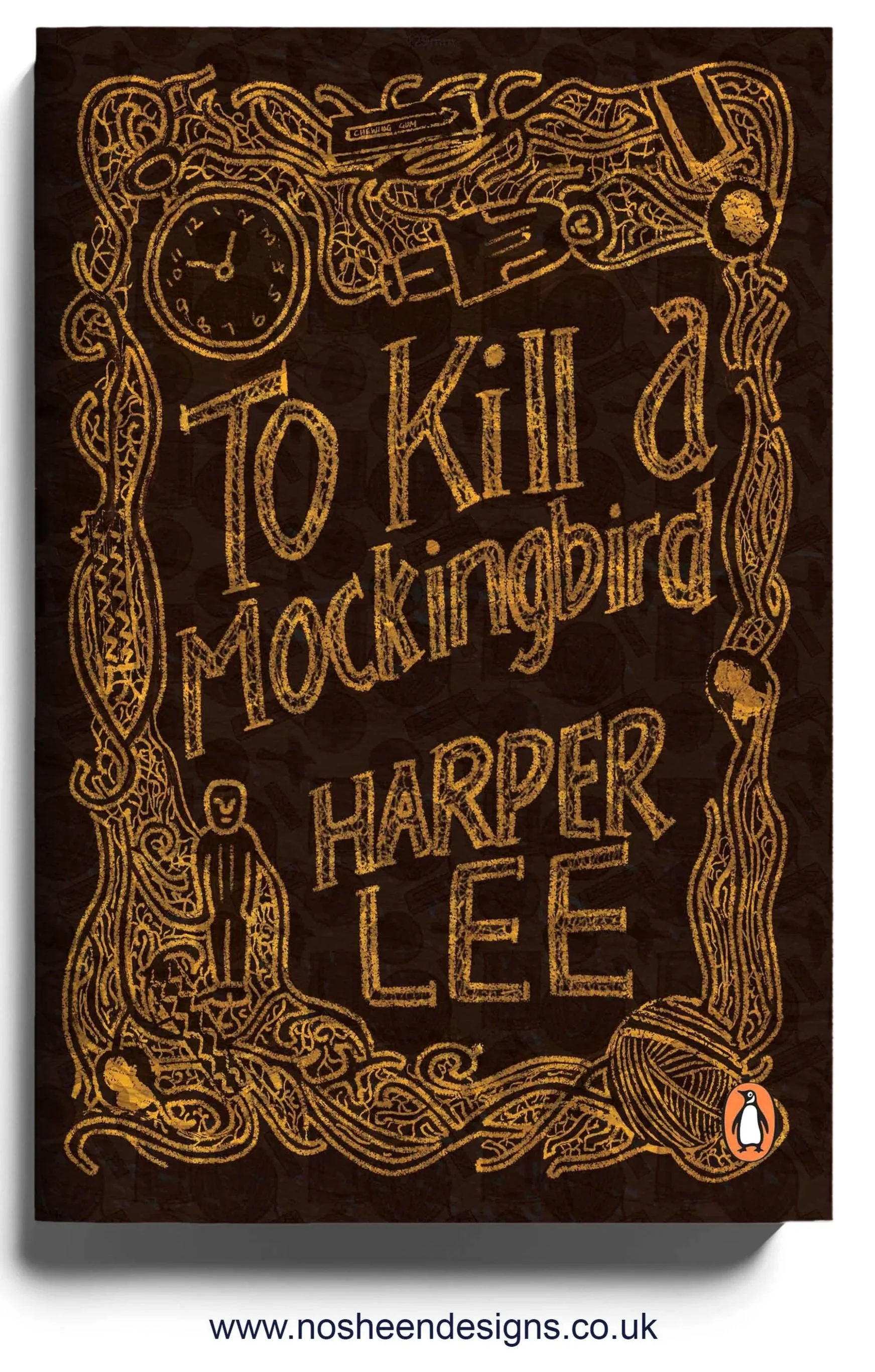 Book cover with ornate border and text that reads '10 Kill Mackingbird Harper Lee' in yellow/golden font, with a clock and a small figure illustration on the front.