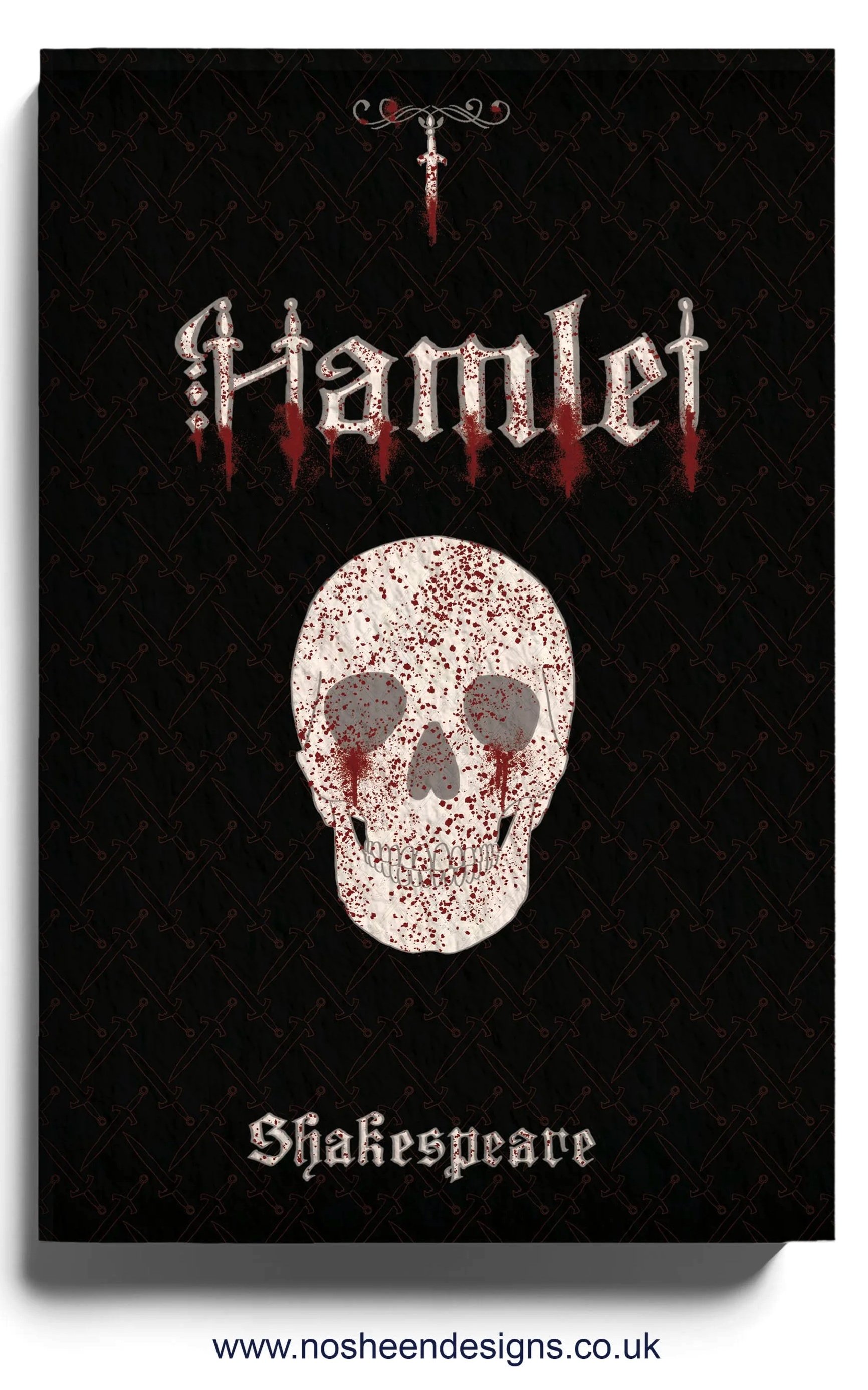 Dark background with a pattern of crossed swords. White skull with bloodstains, with the text 'Hamlet' above it and 'Shakespeare' below, in gothic style. Website URL at the bottom.