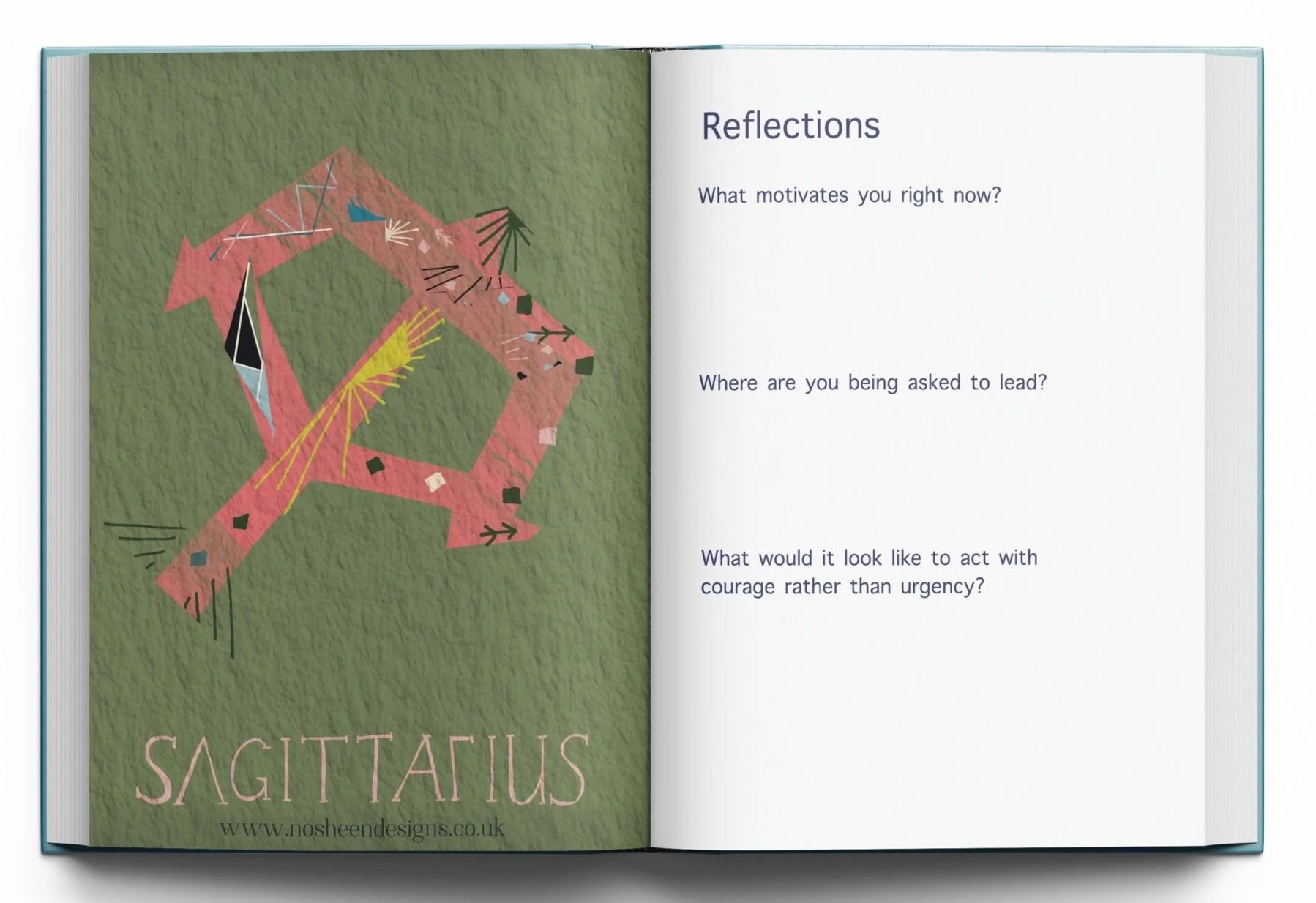 Open book with a page on the right containing reflection questions about motivation and leadership, and a page on the left with an artistic illustration of the zodiac sign Sagittarius made of various abstract shapes and lines, over a green background, with the word "SAGITTARIUS" and website URL at the bottom.