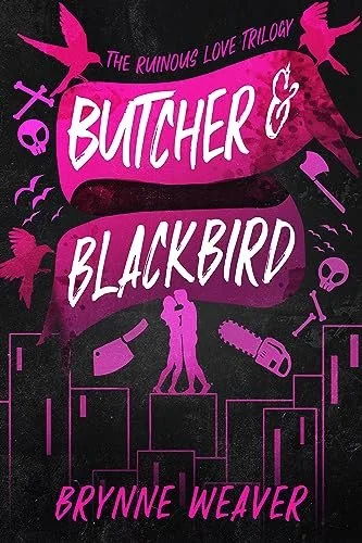 Centre is a small couple in a pink silhouette, embracing. They stand on a cityscape, with pink icons around them: a cleaver next to her, a chainsaw next to him, skulls, bones, birds and an axe.