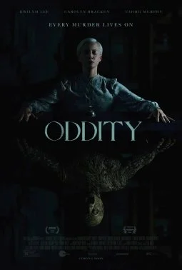 The top part of a person with their hands out and fingers spread as if resting on a table. Beneath them, like a reflection, is a humanoid monster with leathery skin, mouth open in a scream. (Oddity poster)