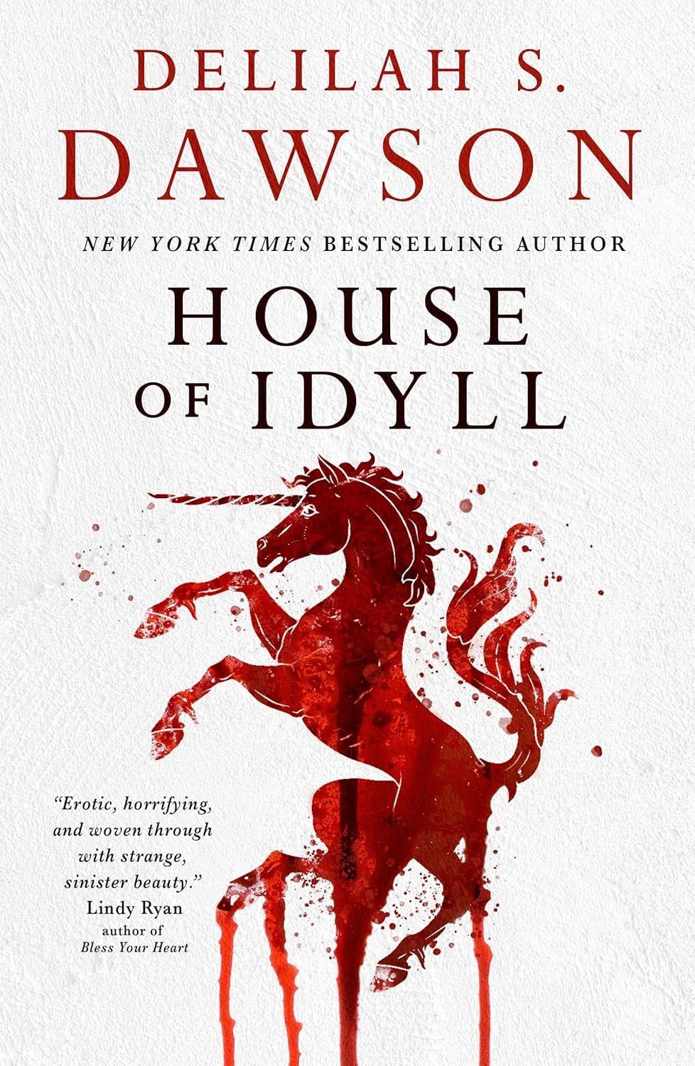 Book cover shows a red emblem unicorn, rearing on hind legs with front legs out. At the bottom, the unicorn is smudged. The red is implied to be blood.