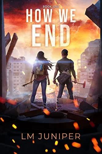An apocalyptic cityscape, buildings in ruins, with a man and woman standing with their back to us, she holds a spiked club while he holds an axe. Embers float across the bottom.