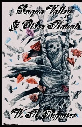 Font is calligraphy style and hard to read against the background sketch of an undead ghostly figure with raised hands, leaves blowing around them.