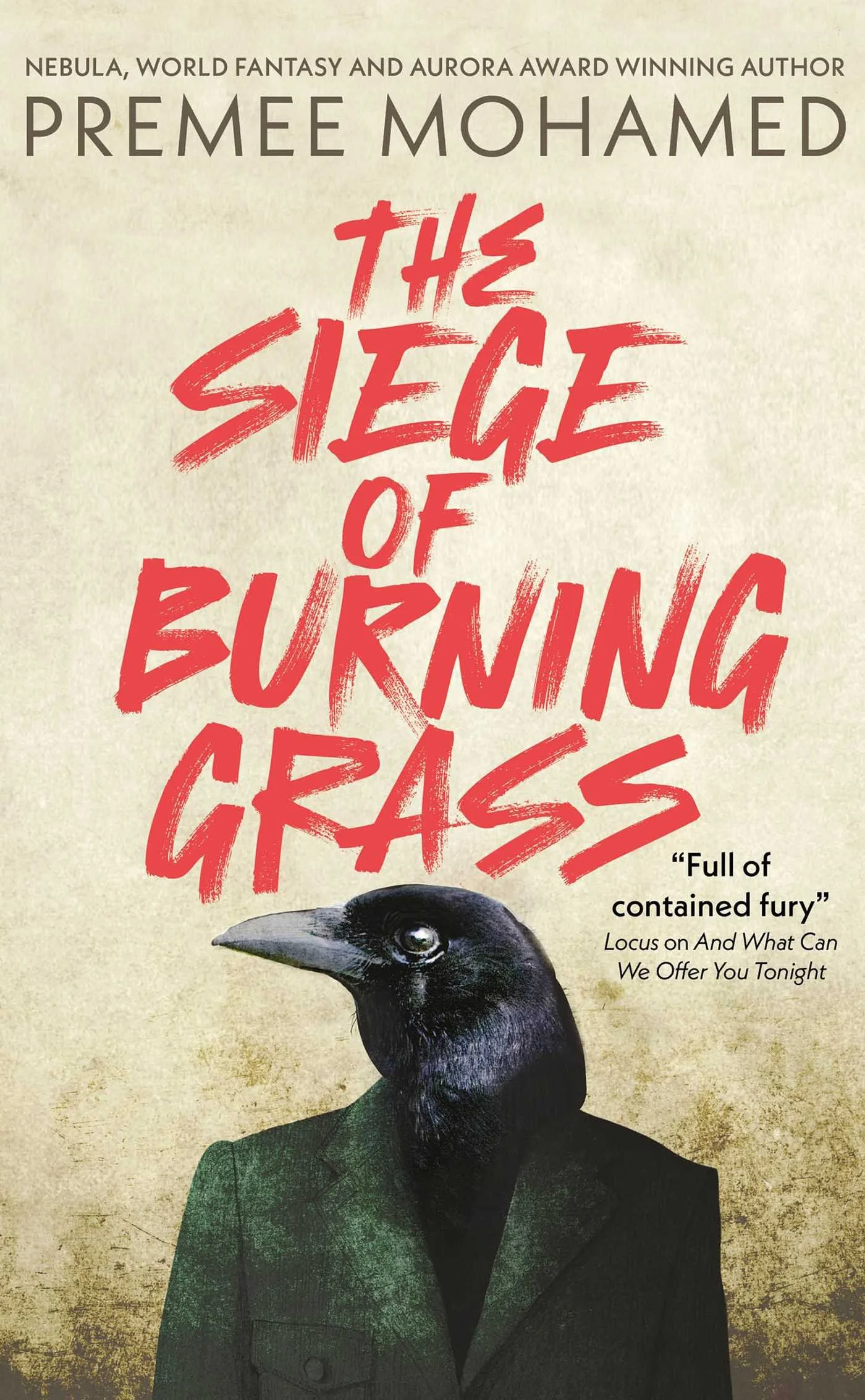 The book title is in red font, styled like graffiti, taking up most of the cover. The background looks like burnt (at the bottom) parchment. A man with a raven's head wears a green military jacket at the bottom.
