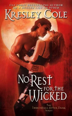 Blood red background with a bright yellowish full moon. In the foreground, a darkhaired, shirtless man grips the waist of a semi-dressed woman. Her head is thrown back and he leans in.
