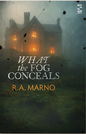 The cover for WHAT THE FOG CONCEALS by R.A. Marno, in the style of a cracked and broken mirror reflection of damaged lens. The image is of an old imposing house with the lights on in a foggy garden.