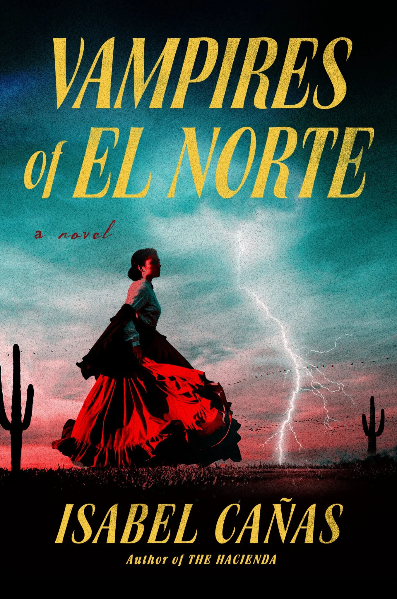 A woman in a white top and red skirts stands in a desert, with cactus in the background and lightening forking from the sky.