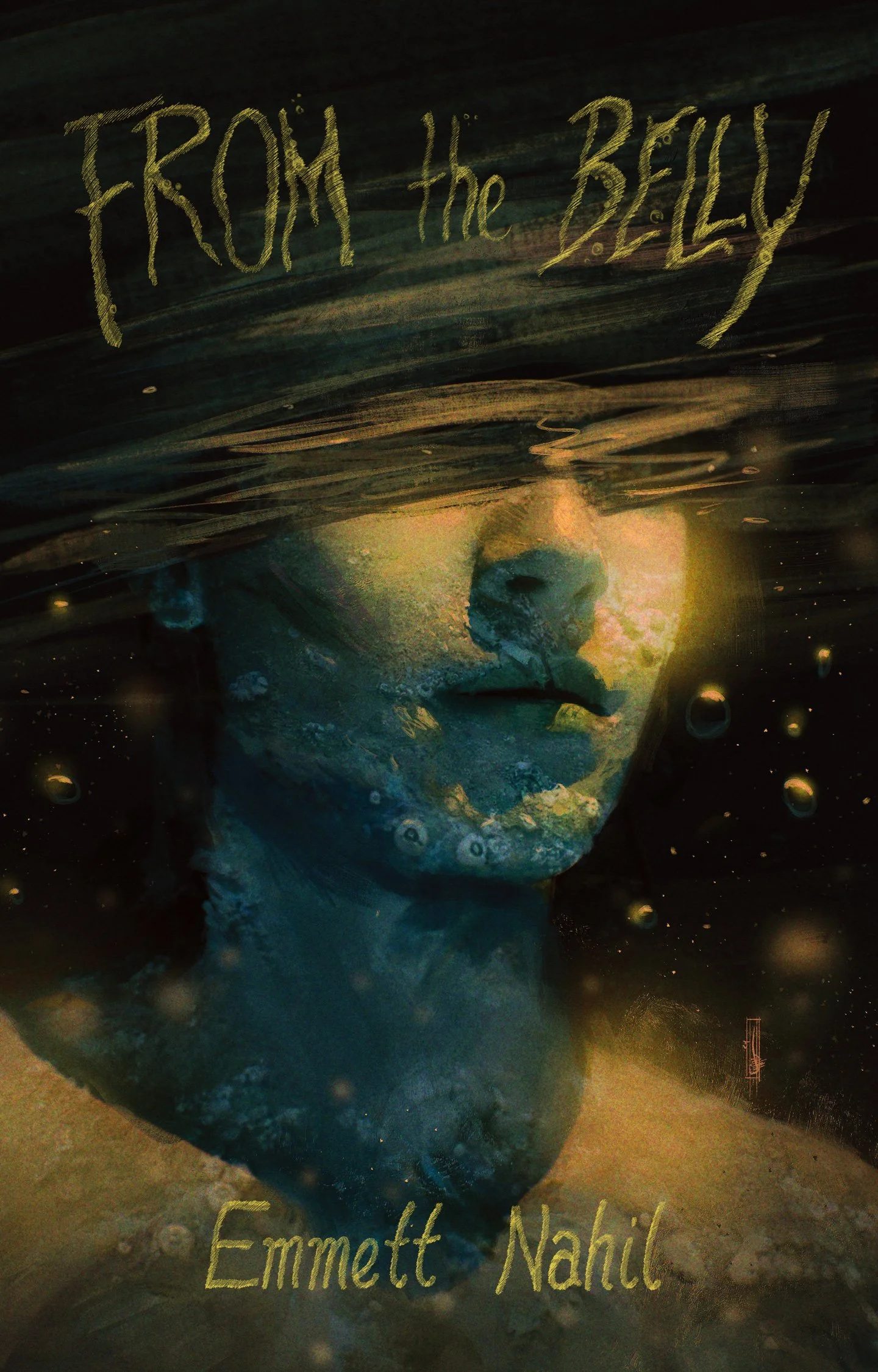 A young man's face underwater, above the nose his eyes and head are smeared. The book's title is above the head, blending in with the smears. The boy appears to be holding his breath.