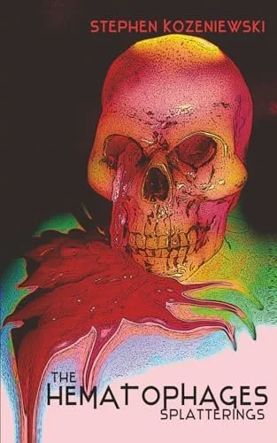 A skull, lit in yellow and red, sits on a greenish/yellow block. Red blood gushes from its eye, splattering and spreading in front of the skull.