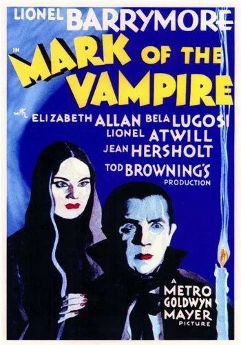 Film poster showing names of the actors and film title. Blue background with Bela Lugosi and Carroll Borland as vampires, Lugosi is at the bottom with Borland over his shoulder. He carries a candle.
