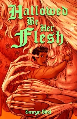 A naked woman with short hair and wounds on her back clings to a creature with multiple hands holding her, covered in fur, with multiple eyes in the background.