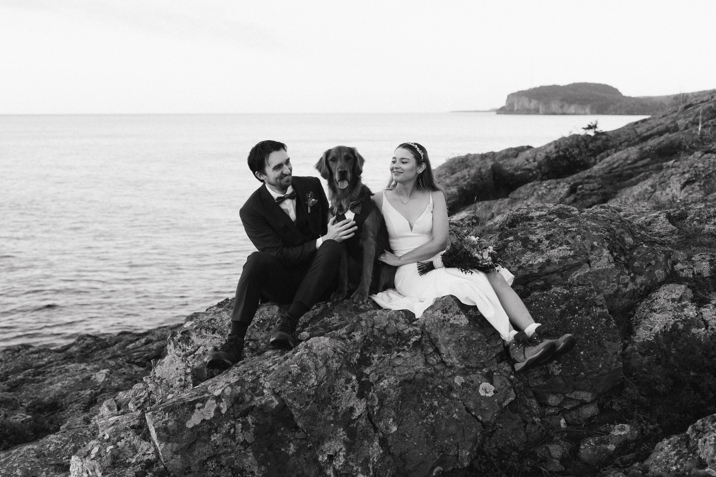 A black and white photo of a wedding couple sitting on rocks by the ocean with their dog, a retriever, during sunset or dusk.