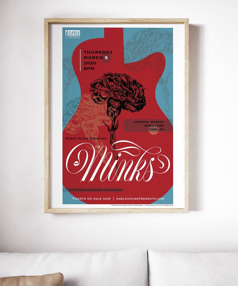 The Minks concert poster with hand lettering and pen and ink illustration of a carnation flower. 