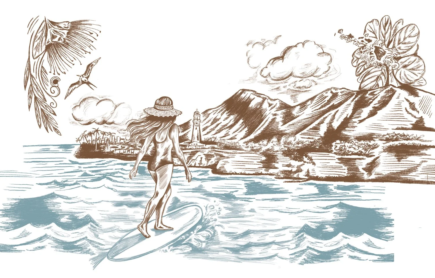 Sketch of a woman surfing in towards the island of Hawaii illustrated in a loose pencil style drawing. 