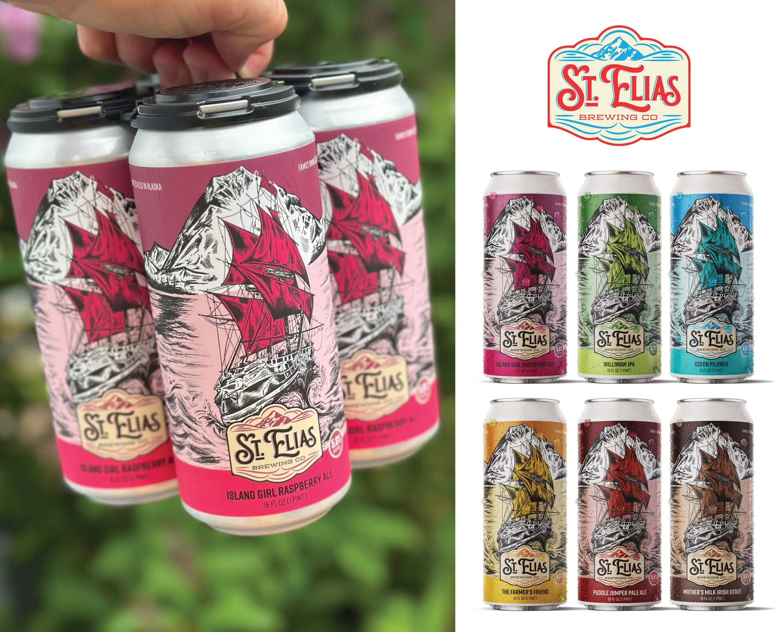 Illustrations and branding for St Elias Brewing showing ships in different colors for each beer style. 