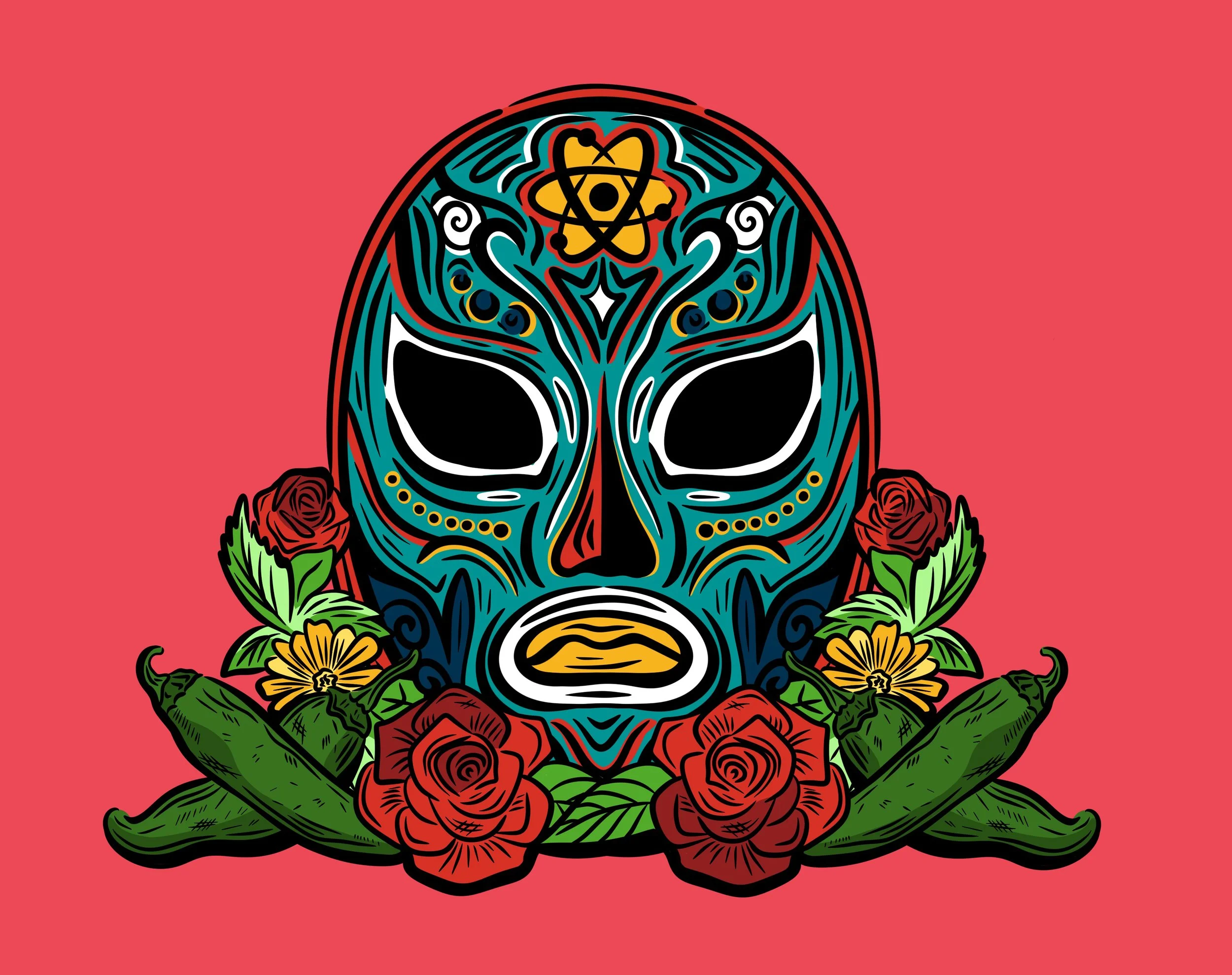 Wrestling mask illustration with Mexican style swirls, roses and jalapeños. Drawn digitally as vector graphic art. 