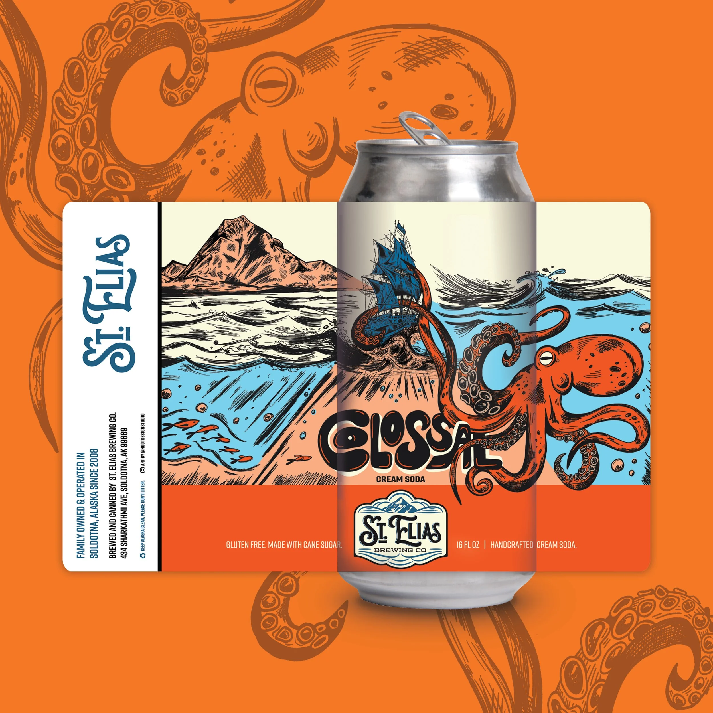 Beer label design for colossal showing a giant octopus taking down a ship in Alaska. 