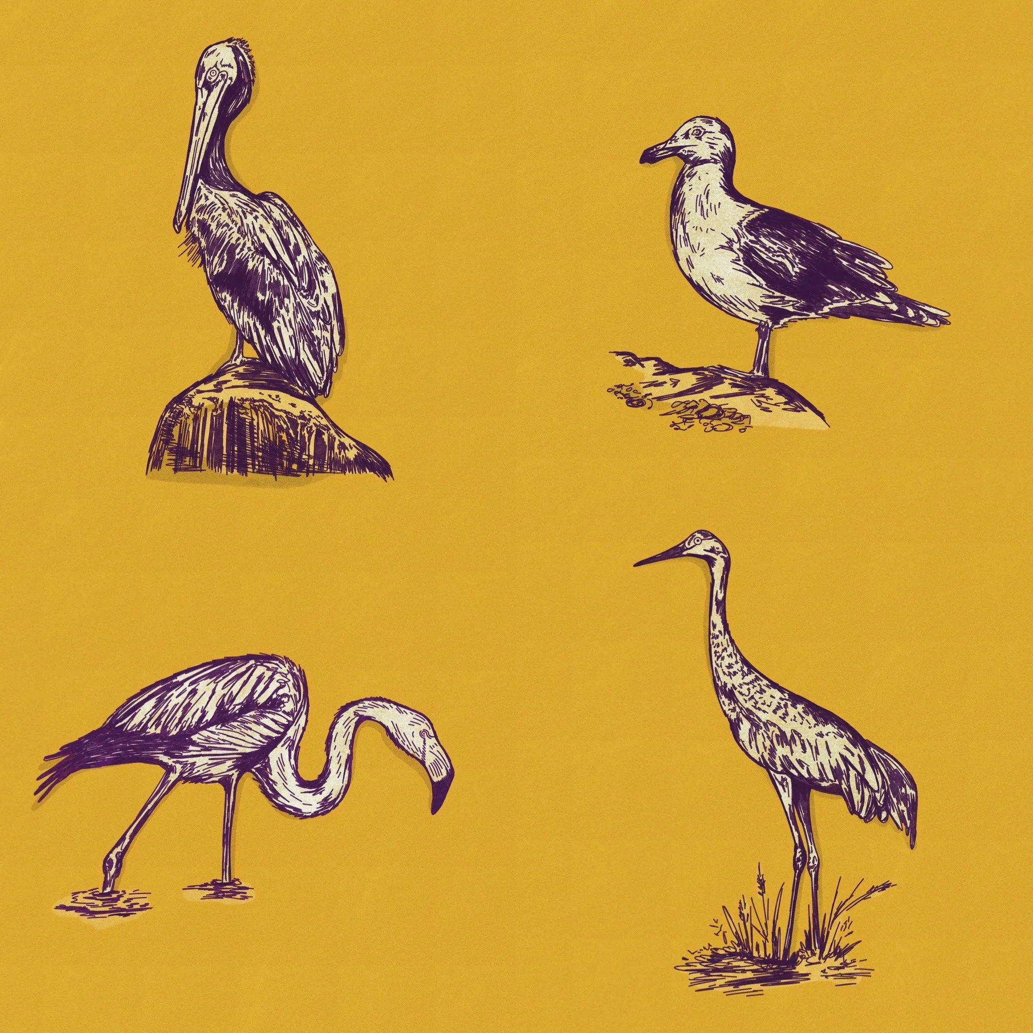 Series of hand-drawn bird illustrations of Florida including a flamingo, pelican and Sandbill Crane. 