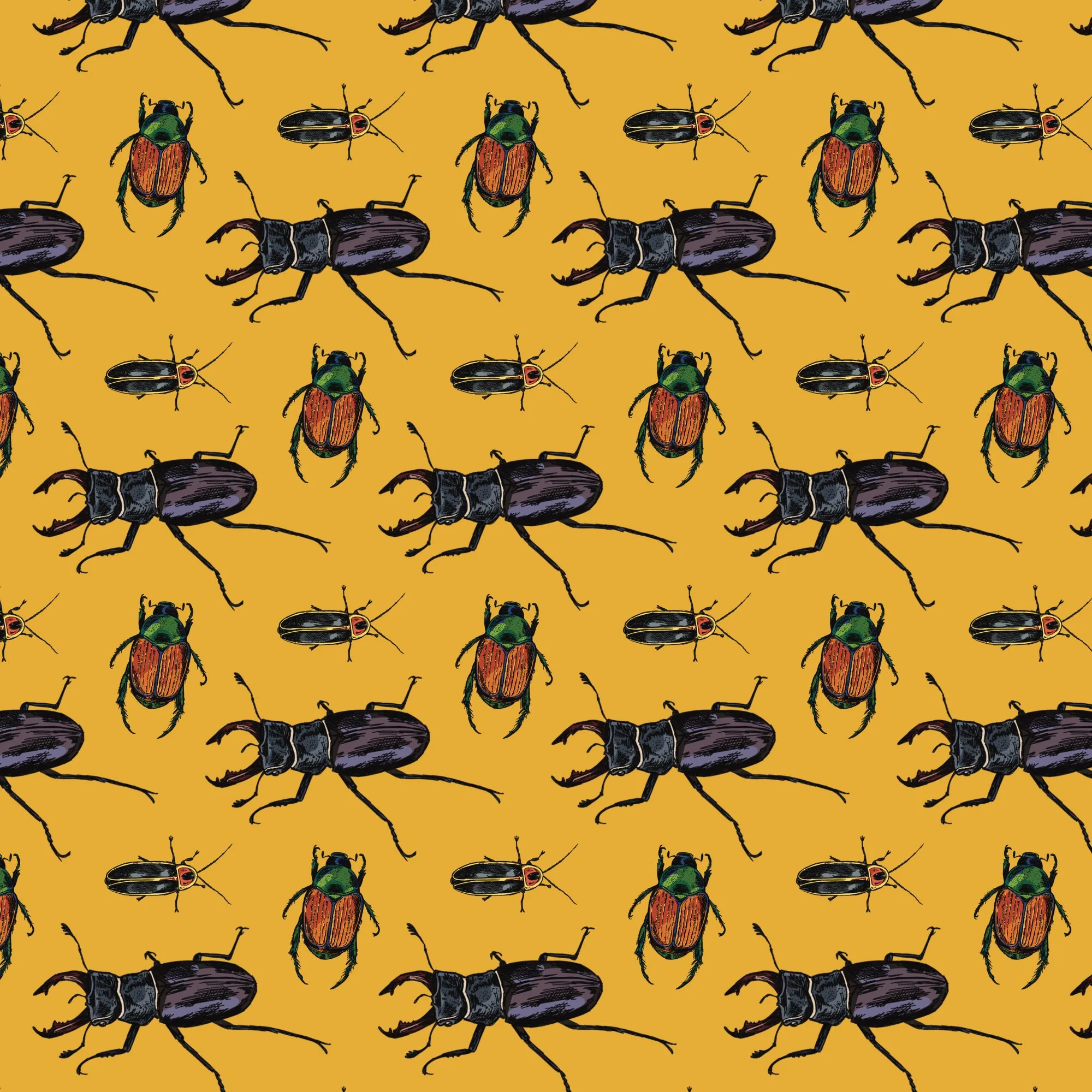 Beetle repeat pattern designed for fabric and textiles. 
