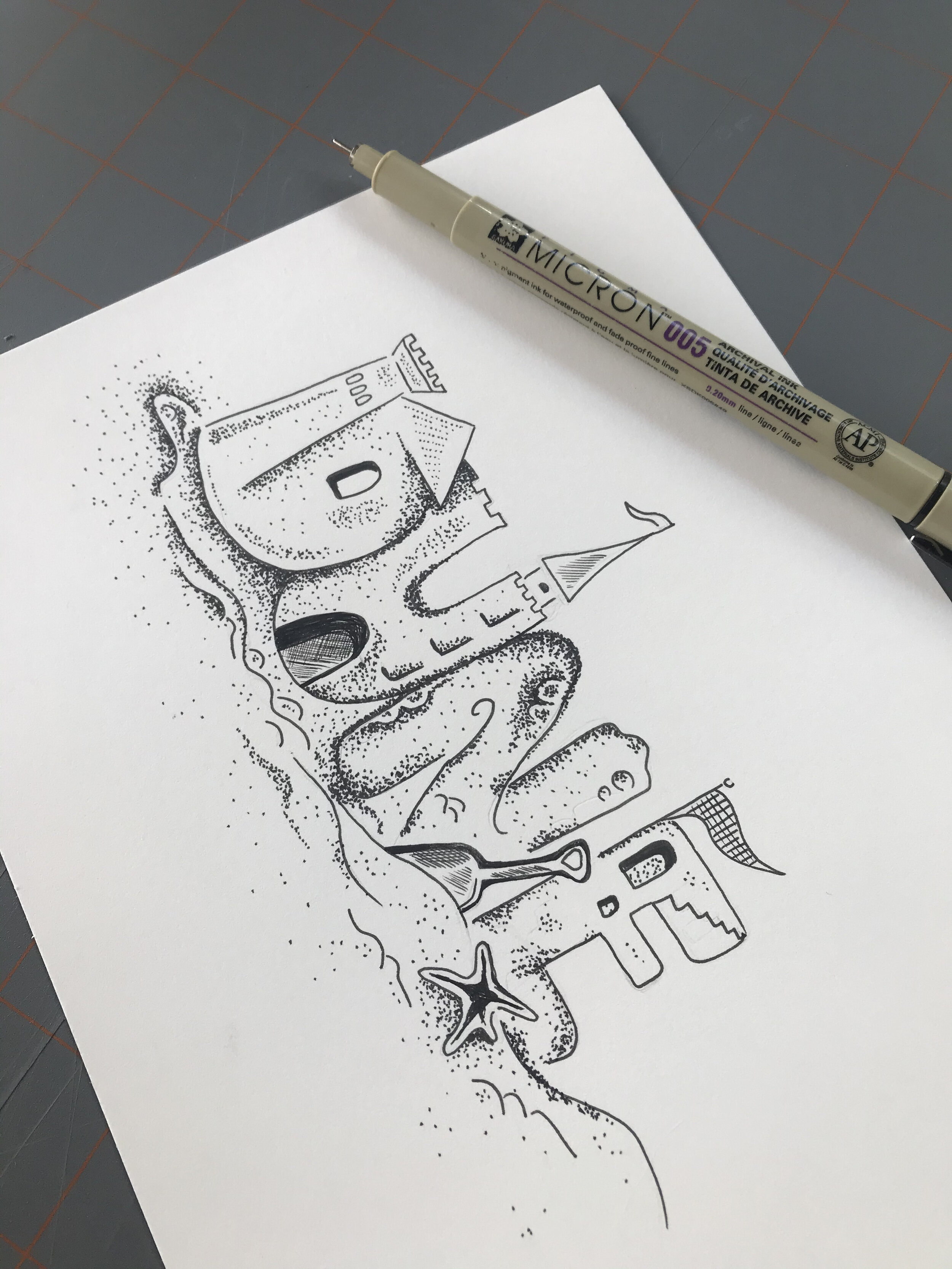 pen and ink illustration for sale hand drawn in all dots, stippling art, pointillism of beach themed artwork for sale