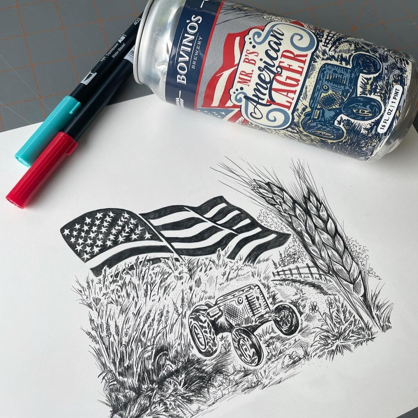 american flag drawing for american lager craft beer label and can design 