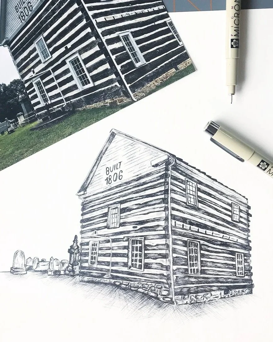 Hand-drawn pen and ink illustration of the old log church in Bedford, PA.