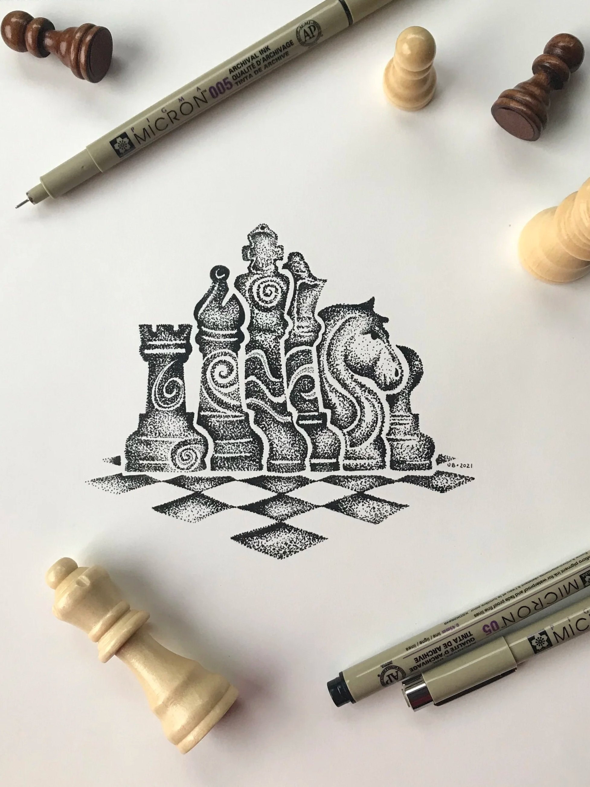 Stipple illustration of a chess game drawn on paper with all ink dots. 